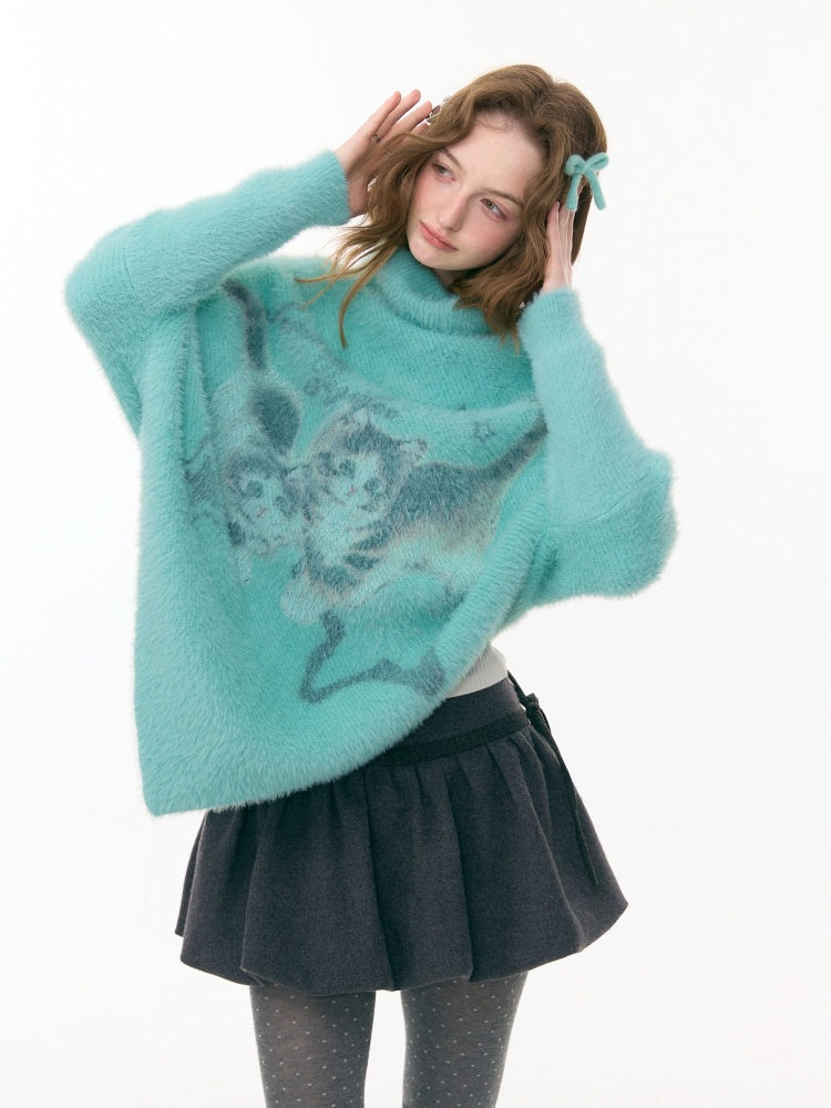 ''Star-Painted Velvet Cat''Cat Print Turtle Neck Cloak Knitted Sweater【s0000015283】