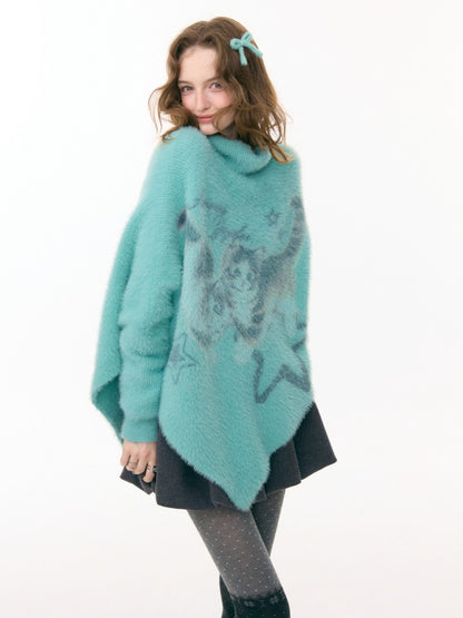 ''Star-Painted Velvet Cat''Cat Print Turtle Neck Cloak Knitted Sweater【s0000015283】