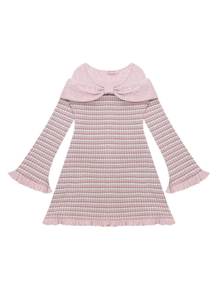 ''Daily Sweet Dream''Patchwork Bow Plaid Knitted Ruffle Dress【s0000015284】