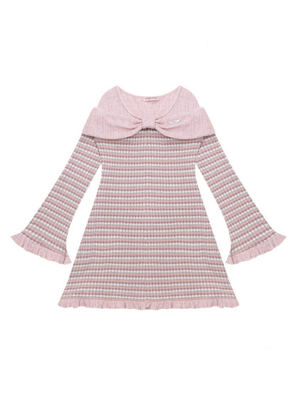 ''Daily Sweet Dream''Patchwork Bow Plaid Knitted Ruffle Dress【s0000015284】