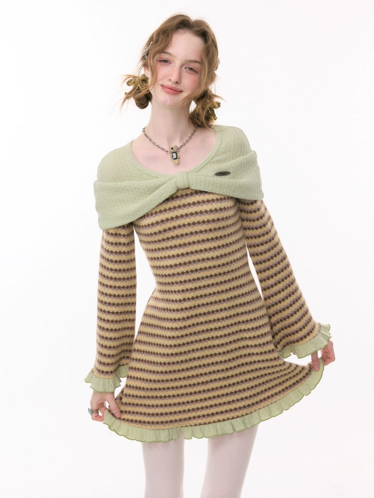 ''Daily Sweet Dream''Patchwork Bow Plaid Knitted Ruffle Dress【s0000015284】
