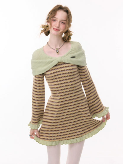 ''Daily Sweet Dream''Patchwork Bow Plaid Knitted Ruffle Dress【s0000015284】