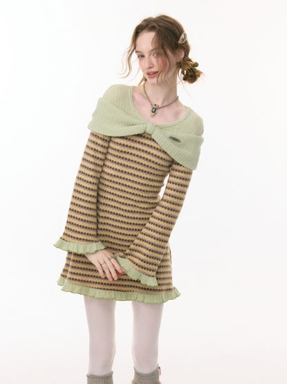 ''Daily Sweet Dream''Patchwork Bow Plaid Knitted Ruffle Dress【s0000015284】
