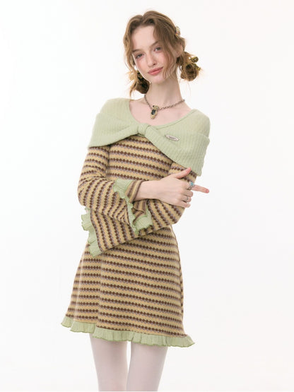 ''Daily Sweet Dream''Patchwork Bow Plaid Knitted Ruffle Dress【s0000015284】