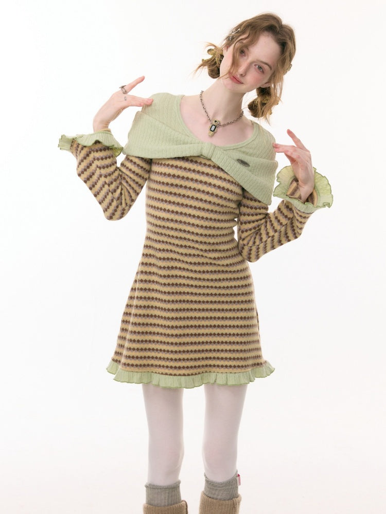 ''Daily Sweet Dream''Patchwork Bow Plaid Knitted Ruffle Dress【s0000015284】