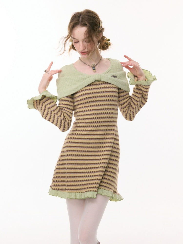 ''Daily Sweet Dream''Patchwork Bow Plaid Knitted Ruffle Dress【s0000015284】