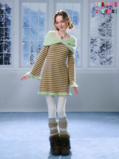 ''Daily Sweet Dream''Patchwork Bow Plaid Knitted Ruffle Dress【s0000015284】