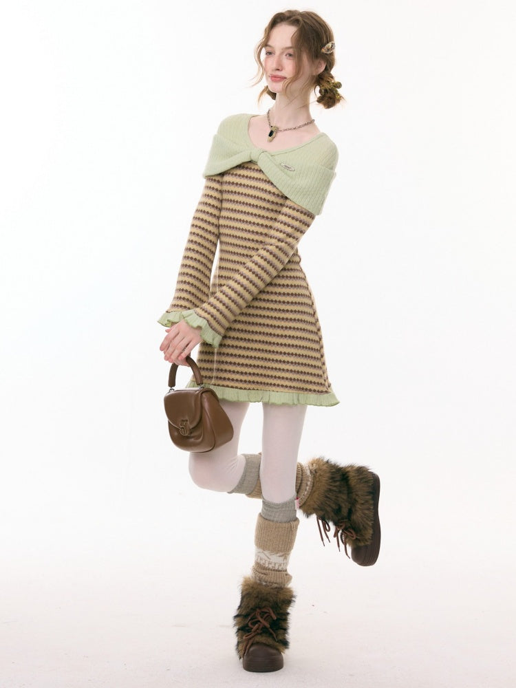 ''Daily Sweet Dream''Patchwork Bow Plaid Knitted Ruffle Dress【s0000015284】