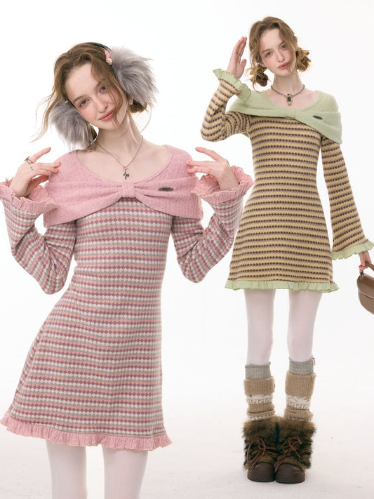 ''Daily Sweet Dream''Patchwork Bow Plaid Knitted Ruffle Dress【s0000015284】