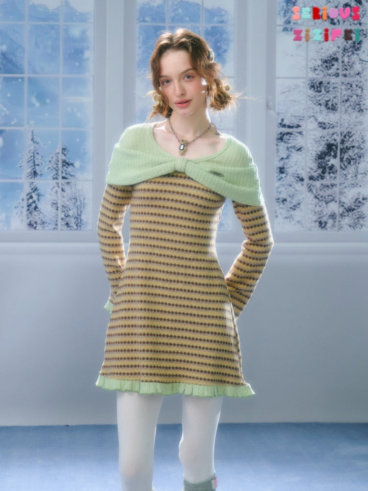 ''Daily Sweet Dream''Patchwork Bow Plaid Knitted Ruffle Dress【s0000015284】