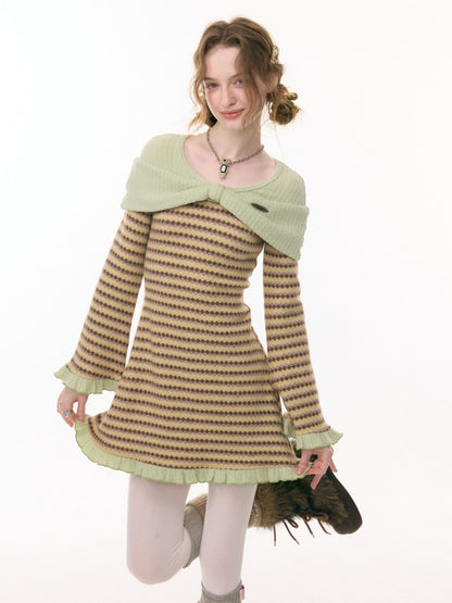 ''Daily Sweet Dream''Patchwork Bow Plaid Knitted Ruffle Dress【s0000015284】