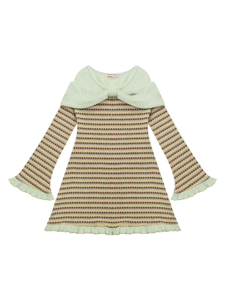''Daily Sweet Dream''Patchwork Bow Plaid Knitted Ruffle Dress【s0000015284】