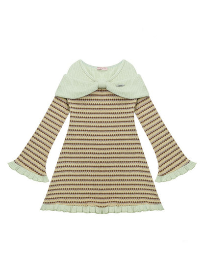 ''Daily Sweet Dream''Patchwork Bow Plaid Knitted Ruffle Dress【s0000015284】