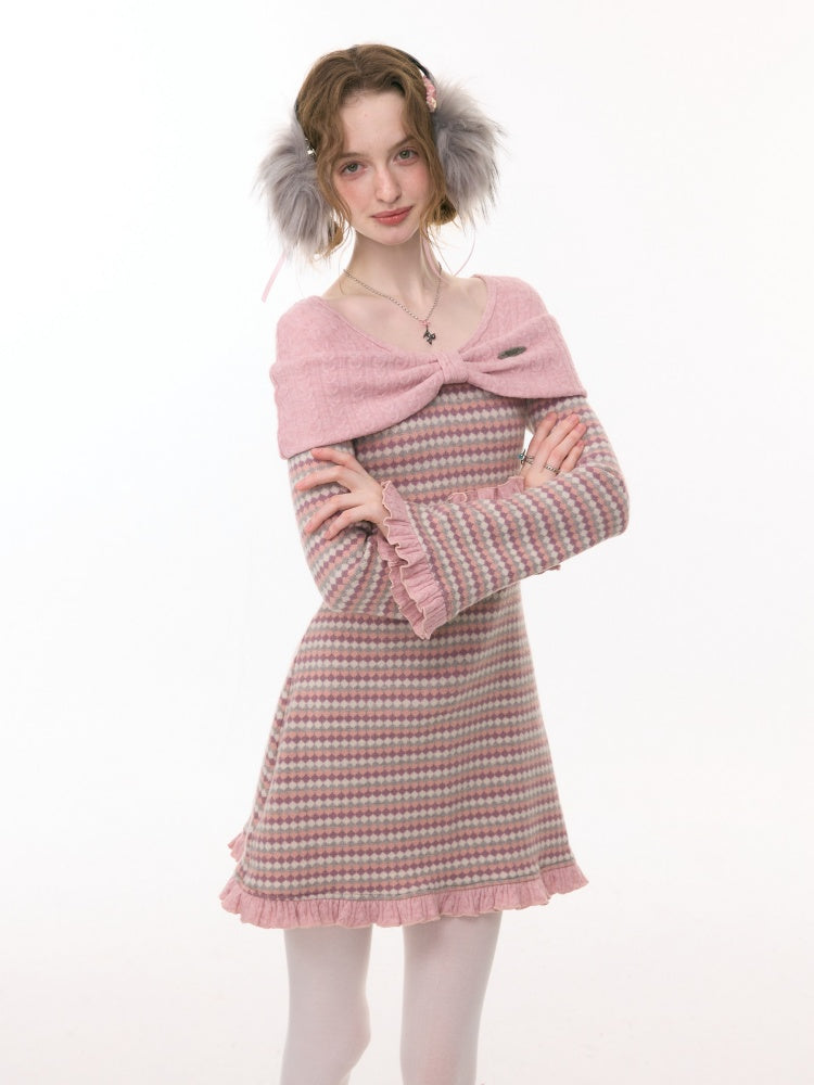 ''Daily Sweet Dream''Patchwork Bow Plaid Knitted Ruffle Dress【s0000015284】