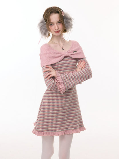 ''Daily Sweet Dream''Patchwork Bow Plaid Knitted Ruffle Dress【s0000015284】