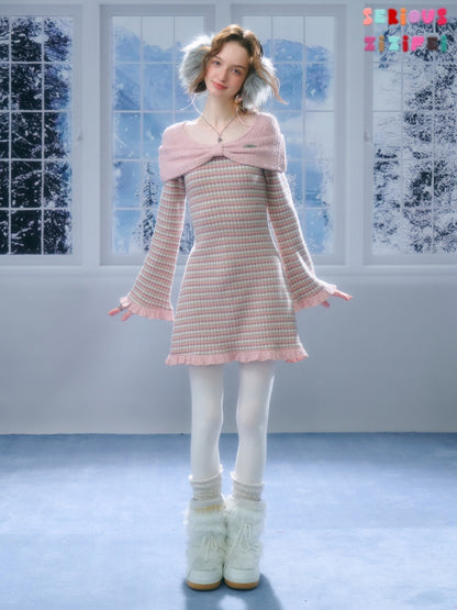''Daily Sweet Dream''Patchwork Bow Plaid Knitted Ruffle Dress【s0000015284】