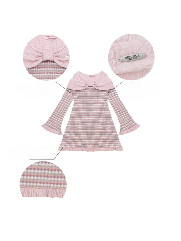 ''Daily Sweet Dream''Patchwork Bow Plaid Knitted Ruffle Dress【s0000015284】