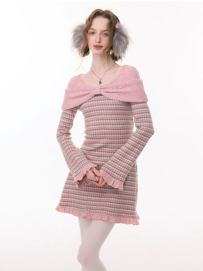 ''Daily Sweet Dream''Patchwork Bow Plaid Knitted Ruffle Dress【s0000015284】