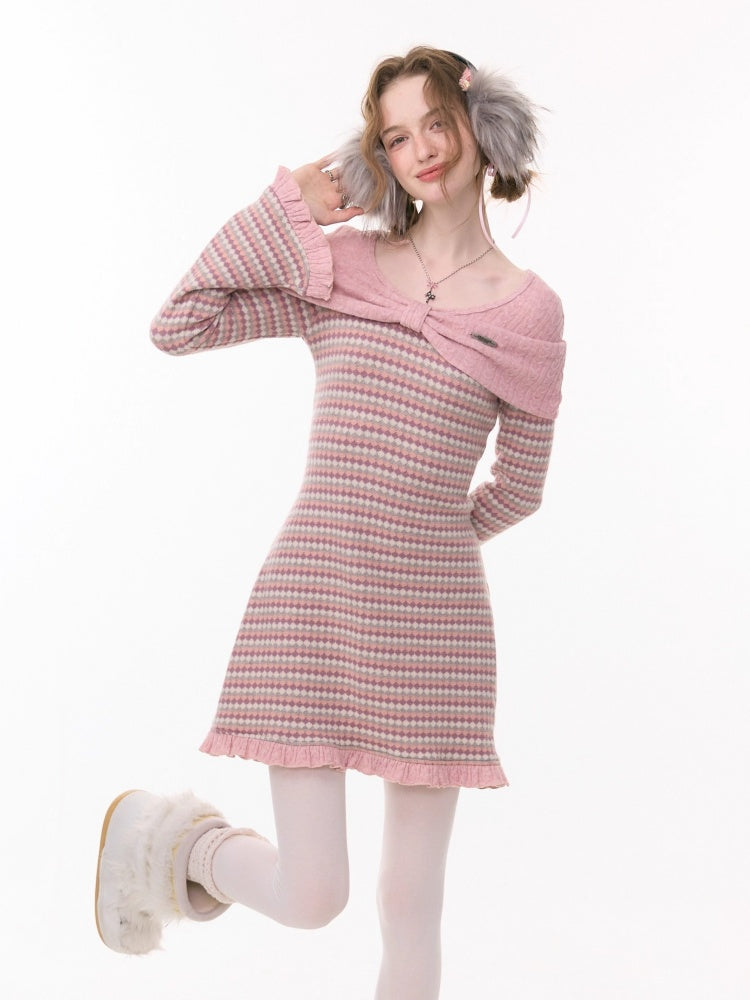 ''Daily Sweet Dream''Patchwork Bow Plaid Knitted Ruffle Dress【s0000015284】