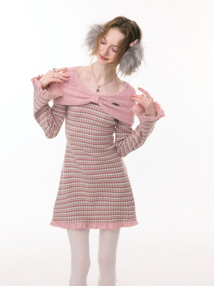 ''Daily Sweet Dream''Patchwork Bow Plaid Knitted Ruffle Dress【s0000015284】