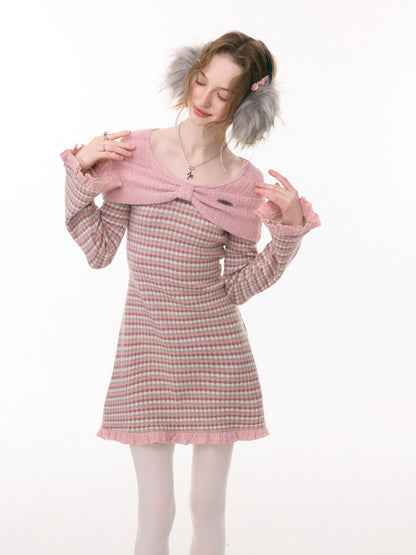 ''Daily Sweet Dream''Patchwork Bow Plaid Knitted Ruffle Dress【s0000015284】