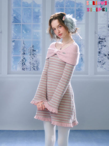 ''Daily Sweet Dream''Patchwork Bow Plaid Knitted Ruffle Dress【s0000015284】
