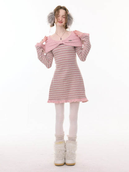 ''Daily Sweet Dream''Patchwork Bow Plaid Knitted Ruffle Dress【s0000015284】