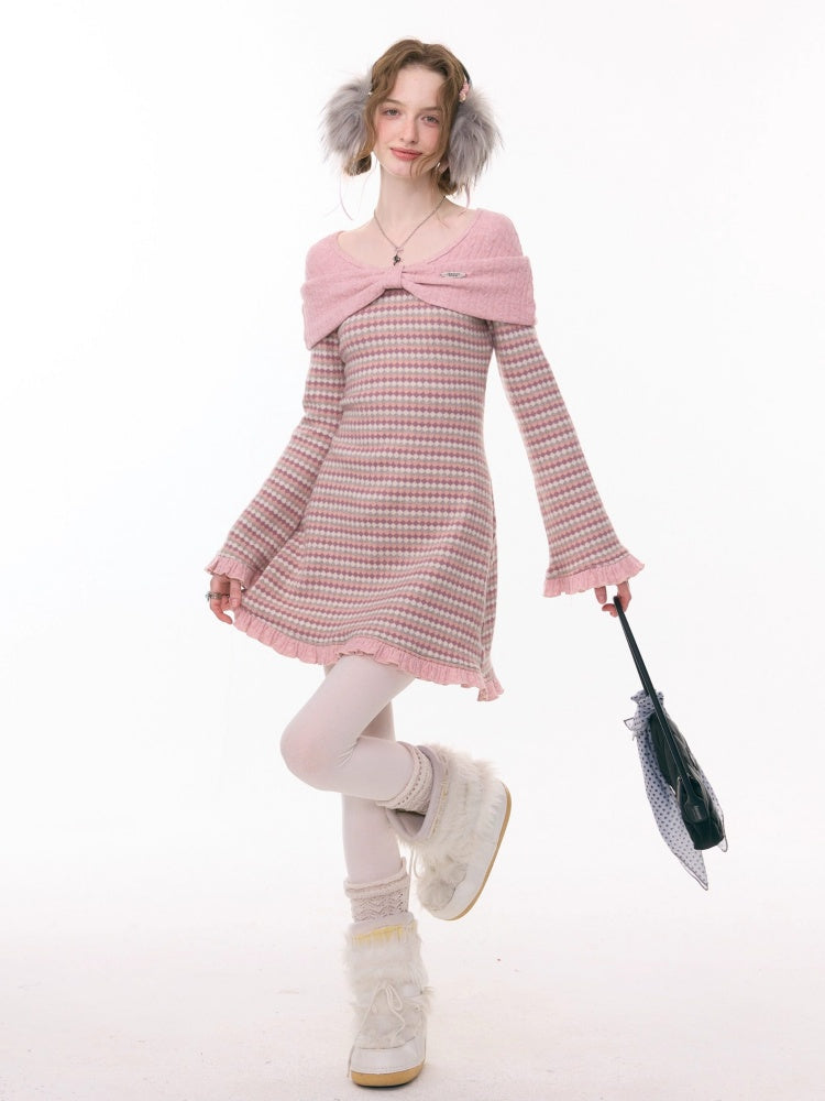 ''Daily Sweet Dream''Patchwork Bow Plaid Knitted Ruffle Dress【s0000015284】