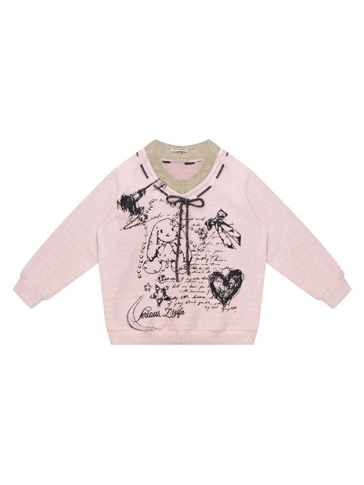 ''Velvet Rabbit Ink Mark Broken Pen''Rabbit Print V-Neck Belt Loose Lazy Style Sweater【s0000015285】