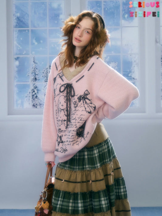 ''Velvet Rabbit Ink Mark Broken Pen''Rabbit Print V-Neck Belt Loose Lazy Style Sweater【s0000015285】
