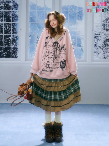 ''Velvet Rabbit Ink Mark Broken Pen''Rabbit Print V-Neck Belt Loose Lazy Style Sweater【s0000015285】