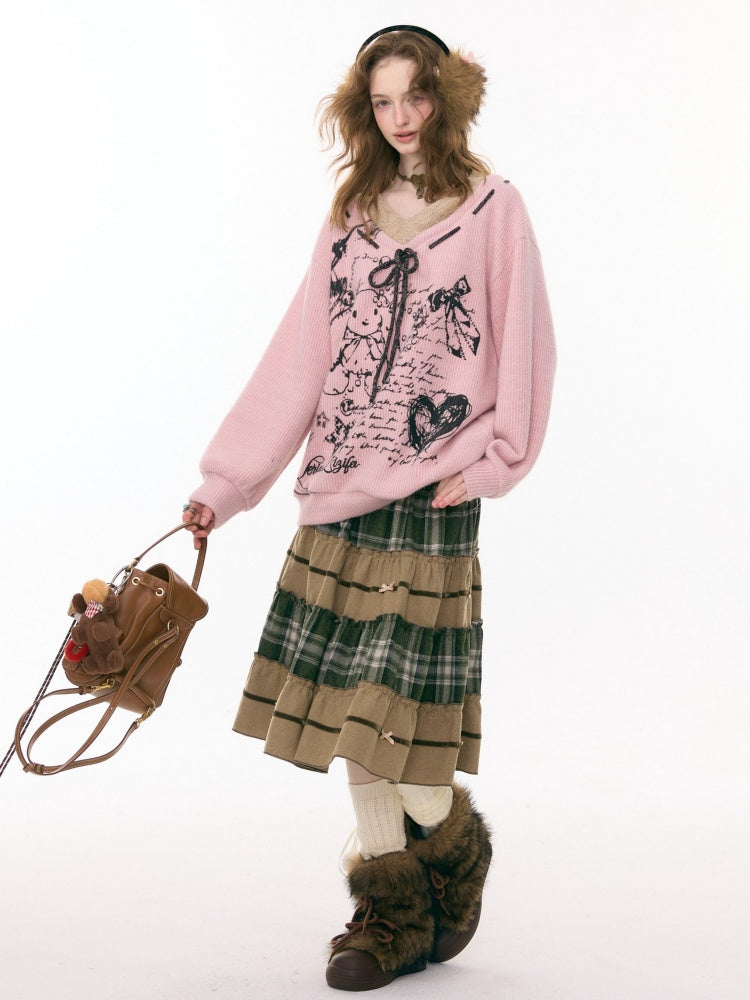 ''Velvet Rabbit Ink Mark Broken Pen''Rabbit Print V-Neck Belt Loose Lazy Style Sweater【s0000015285】