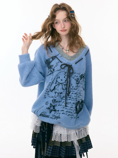 ''Velvet Rabbit Ink Mark Broken Pen''Rabbit Print V-Neck Belt Loose Lazy Style Sweater【s0000015285】