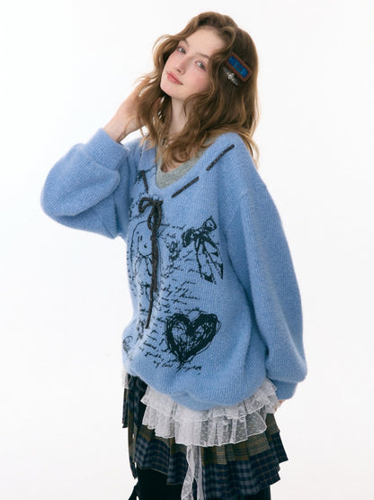 ''Velvet Rabbit Ink Mark Broken Pen''Rabbit Print V-Neck Belt Loose Lazy Style Sweater【s0000015285】