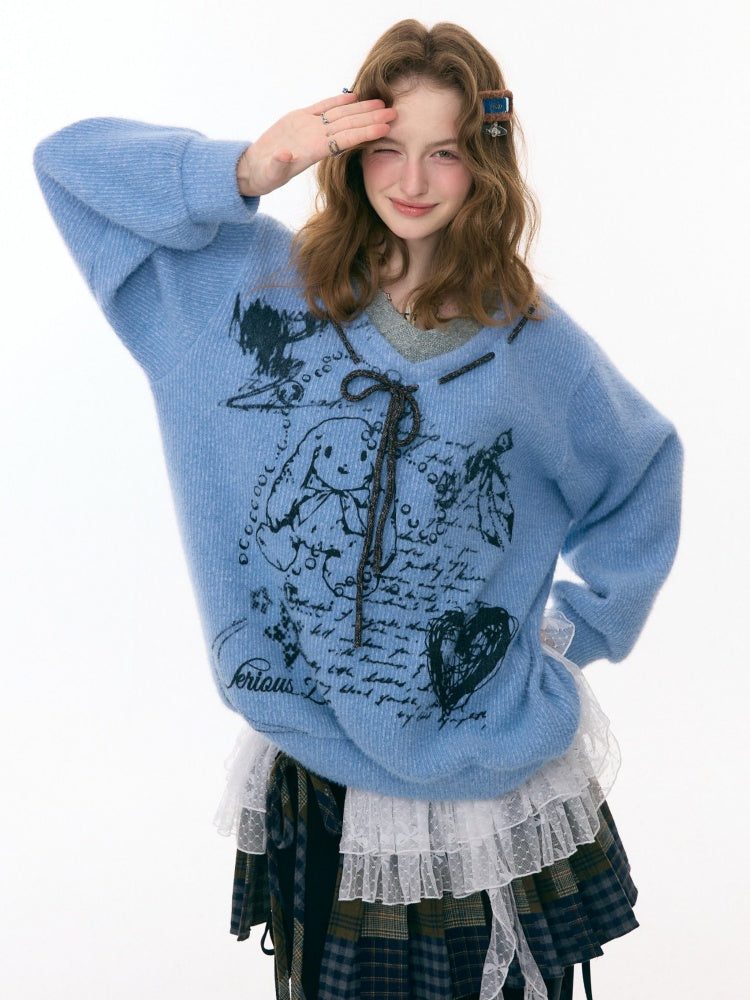 ''Velvet Rabbit Ink Mark Broken Pen''Rabbit Print V-Neck Belt Loose Lazy Style Sweater【s0000015285】
