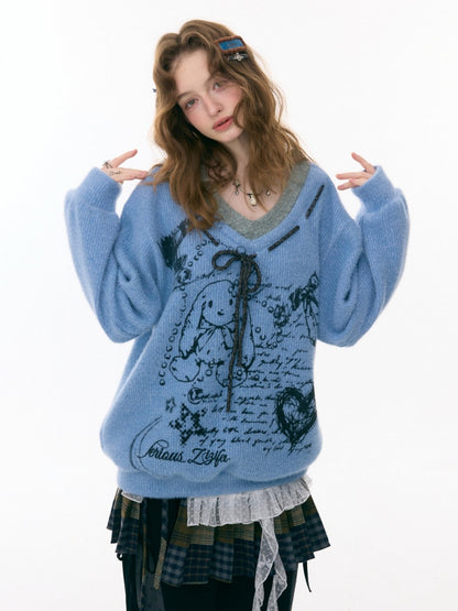 ''Velvet Rabbit Ink Mark Broken Pen''Rabbit Print V-Neck Belt Loose Lazy Style Sweater【s0000015285】