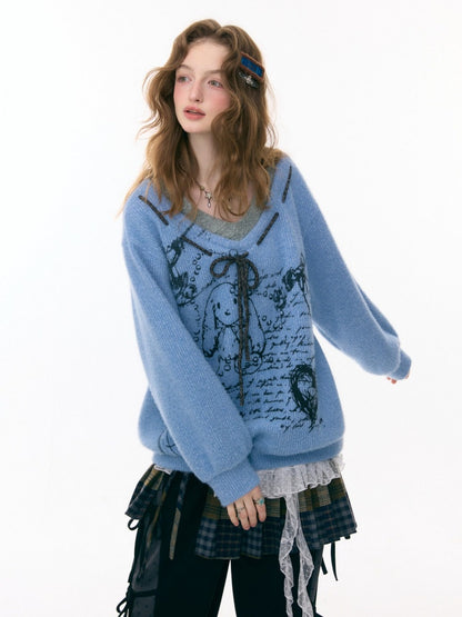 ''Velvet Rabbit Ink Mark Broken Pen''Rabbit Print V-Neck Belt Loose Lazy Style Sweater【s0000015285】