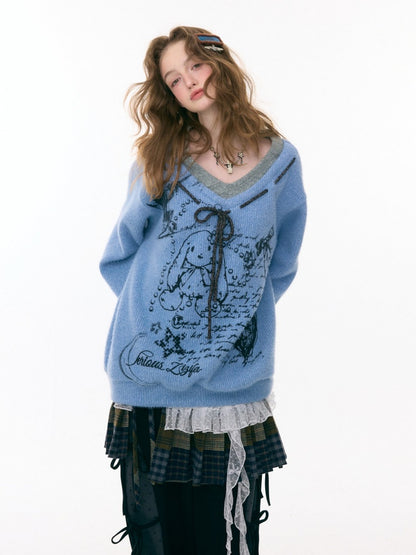 ''Velvet Rabbit Ink Mark Broken Pen''Rabbit Print V-Neck Belt Loose Lazy Style Sweater【s0000015285】