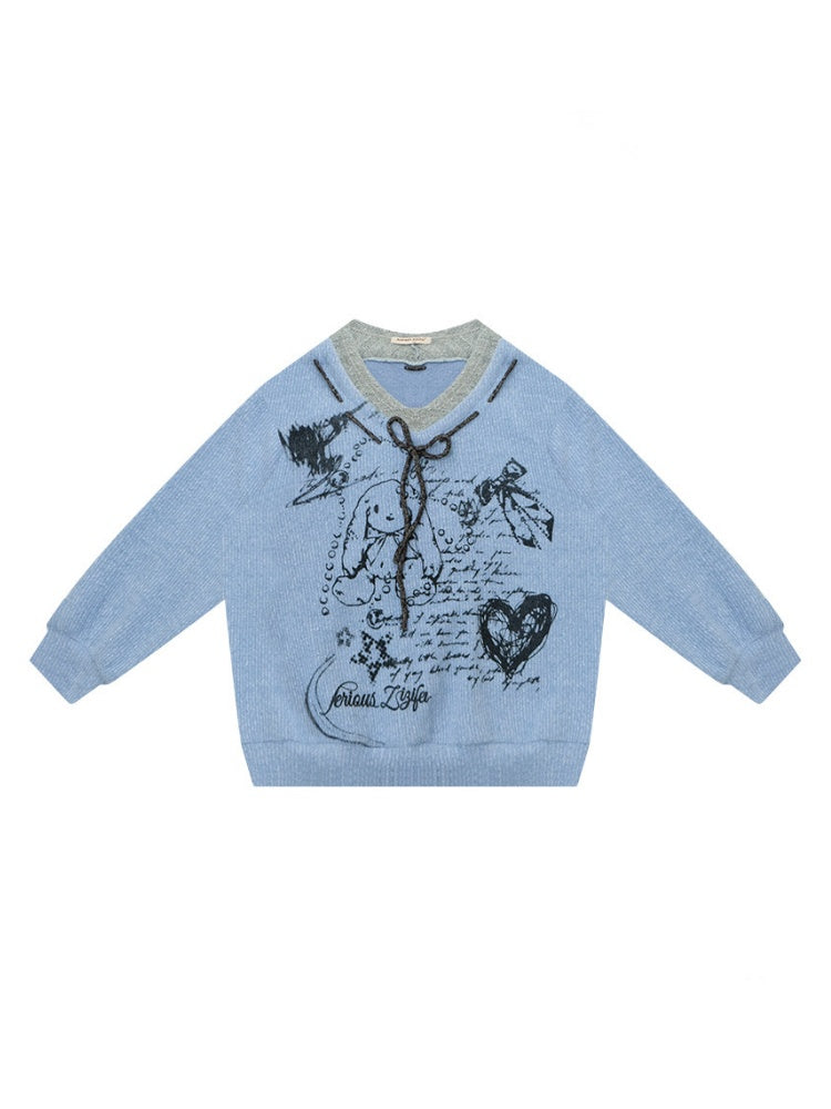 ''Velvet Rabbit Ink Mark Broken Pen''Rabbit Print V-Neck Belt Loose Lazy Style Sweater【s0000015285】