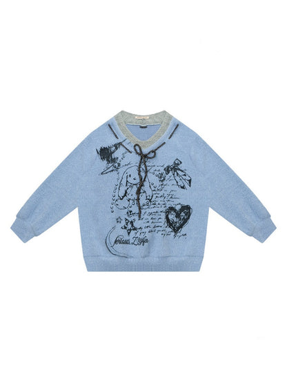 ''Velvet Rabbit Ink Mark Broken Pen''Rabbit Print V-Neck Belt Loose Lazy Style Sweater【s0000015285】