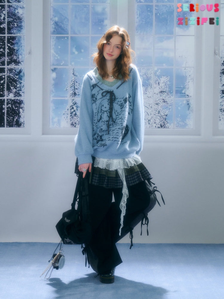 ''Velvet Rabbit Ink Mark Broken Pen''Rabbit Print V-Neck Belt Loose Lazy Style Sweater【s0000015285】