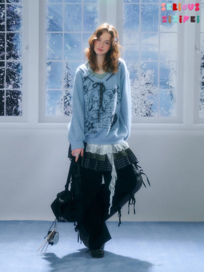 ''Velvet Rabbit Ink Mark Broken Pen''Rabbit Print V-Neck Belt Loose Lazy Style Sweater【s0000015285】