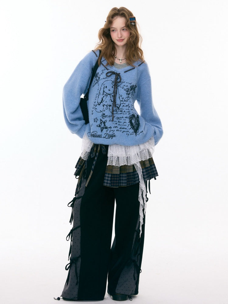 ''Velvet Rabbit Ink Mark Broken Pen''Rabbit Print V-Neck Belt Loose Lazy Style Sweater【s0000015285】