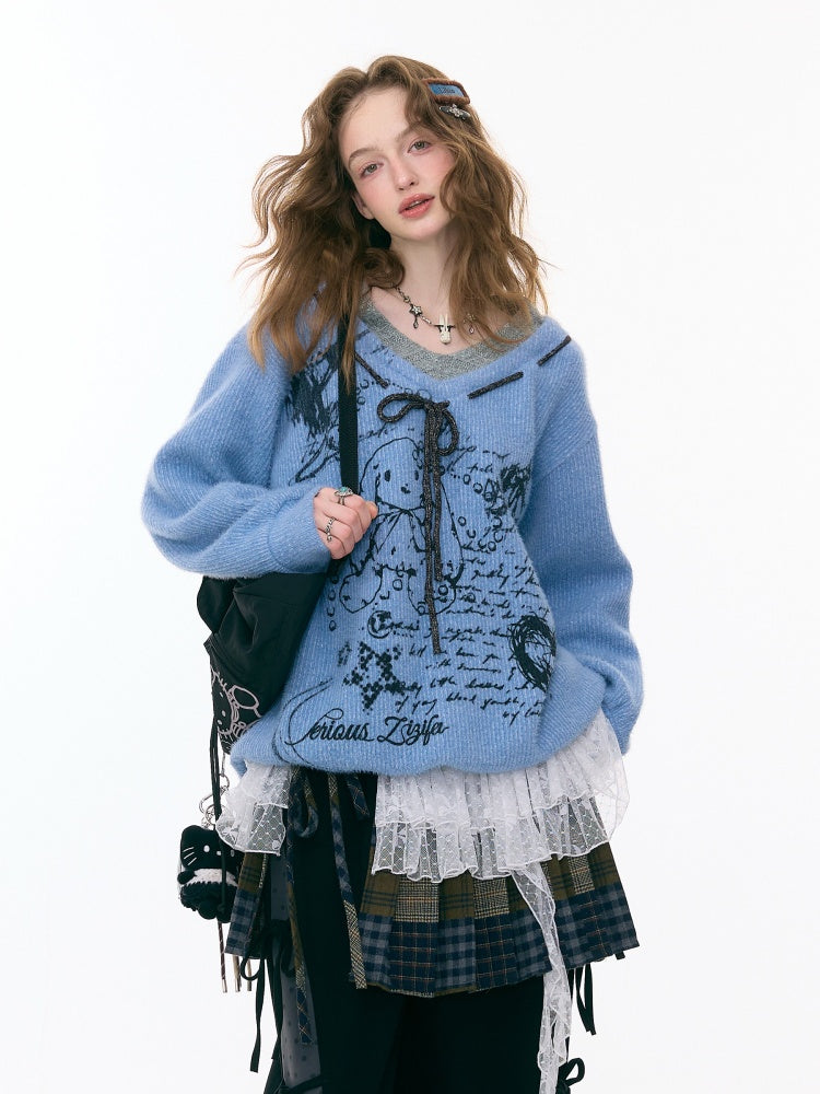''Velvet Rabbit Ink Mark Broken Pen''Rabbit Print V-Neck Belt Loose Lazy Style Sweater【s0000015285】