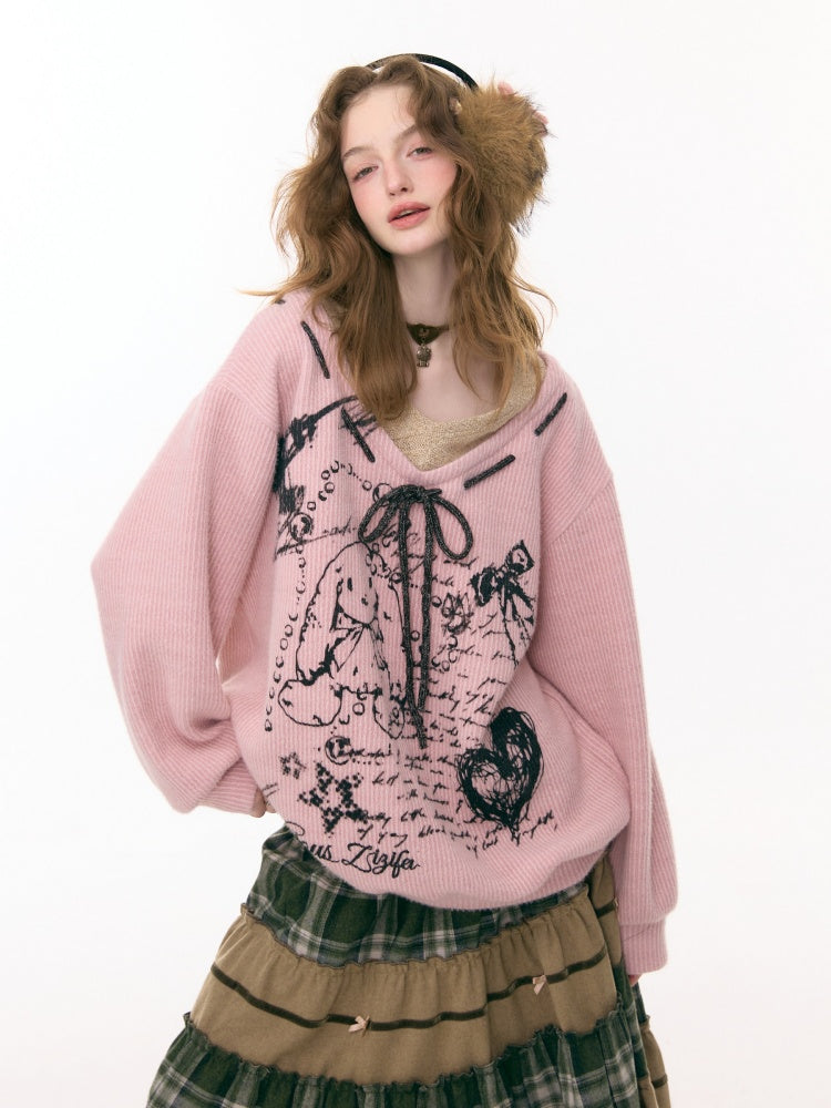 ''Velvet Rabbit Ink Mark Broken Pen''Rabbit Print V-Neck Belt Loose Lazy Style Sweater【s0000015285】