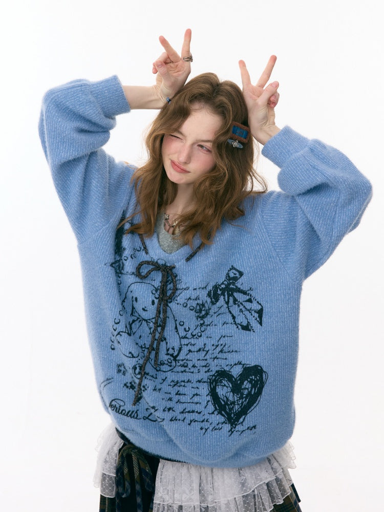''Velvet Rabbit Ink Mark Broken Pen''Rabbit Print V-Neck Belt Loose Lazy Style Sweater【s0000015285】