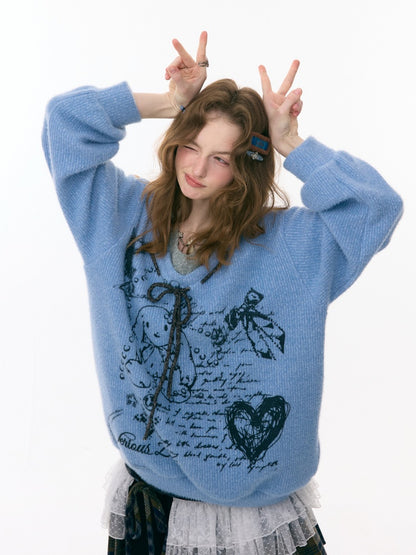 ''Velvet Rabbit Ink Mark Broken Pen''Rabbit Print V-Neck Belt Loose Lazy Style Sweater【s0000015285】