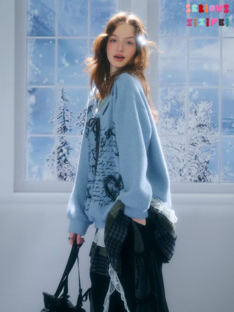 ''Velvet Rabbit Ink Mark Broken Pen''Rabbit Print V-Neck Belt Loose Lazy Style Sweater【s0000015285】