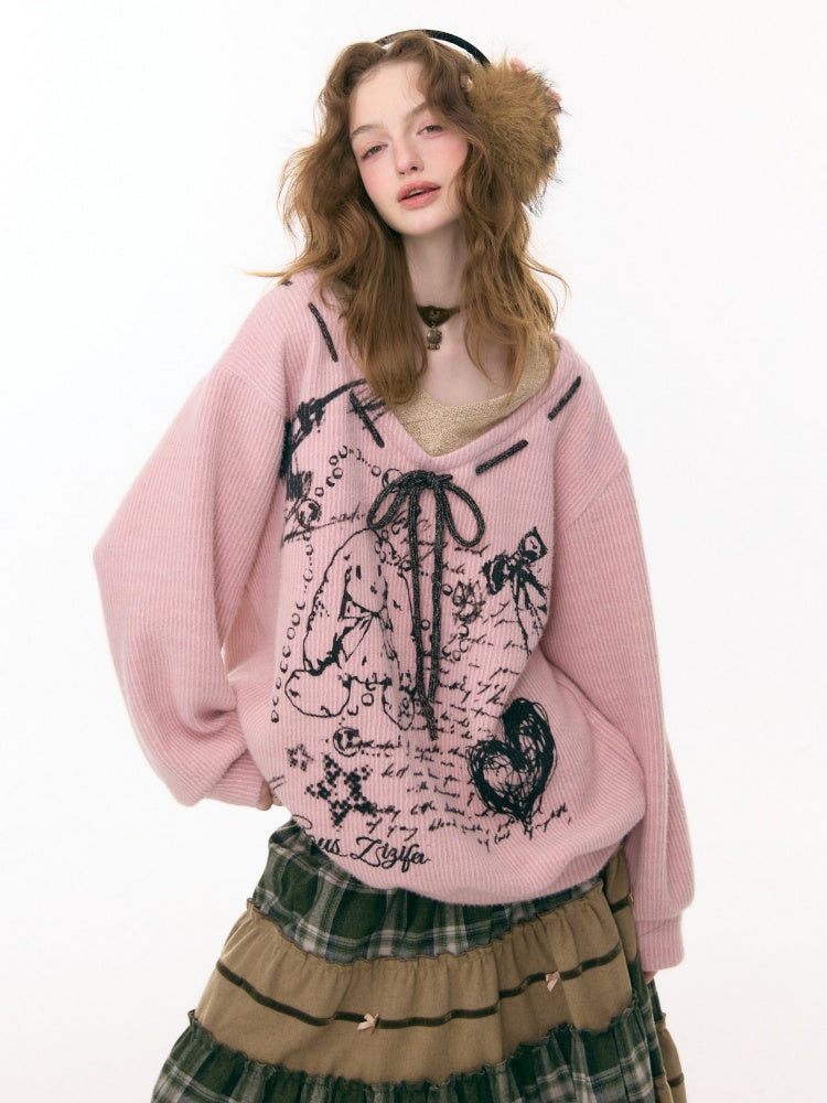 ''Velvet Rabbit Ink Mark Broken Pen''Rabbit Print V-Neck Belt Loose Lazy Style Sweater【s0000015285】