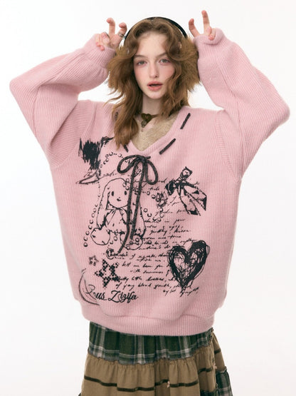 ''Velvet Rabbit Ink Mark Broken Pen''Rabbit Print V-Neck Belt Loose Lazy Style Sweater【s0000015285】